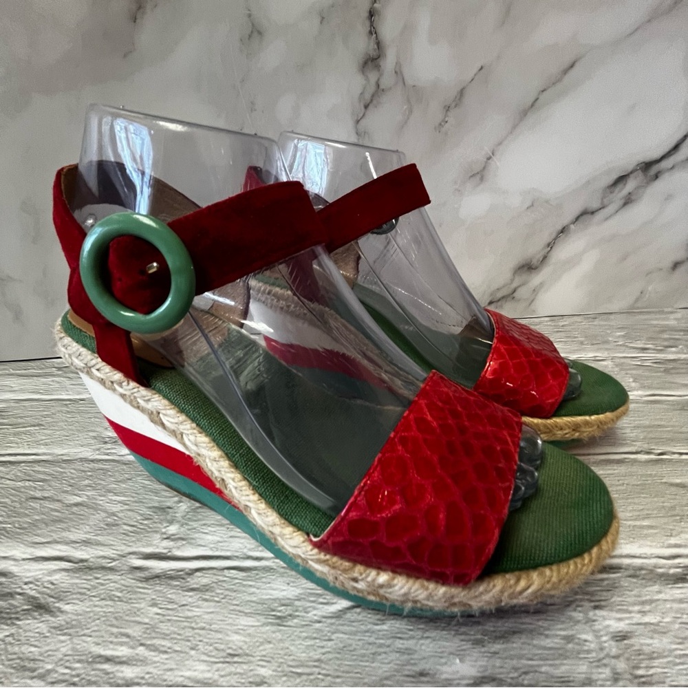 Kanna Espadrille Wedge Slingback Sandals Red, Green & White